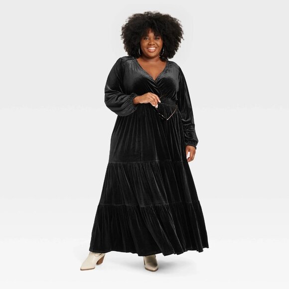 1X - Womens Long Sleeve Velvet A-Line Dress - Knox Rose - Black - Picture 5 of 6